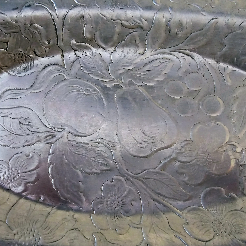 Hammered Aluminum Rectangular Serving Tray with Handles and Floral Design - Picture 4 of 8